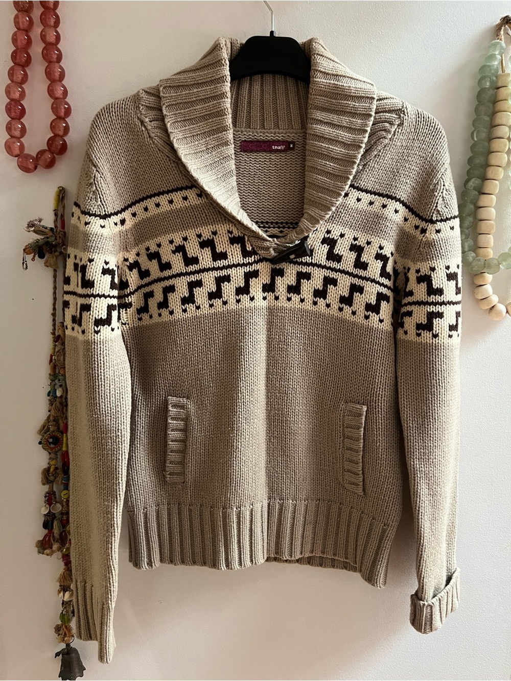 TNA Beige Shawl-Collar Fair Isle Pullover with Dark Pattern